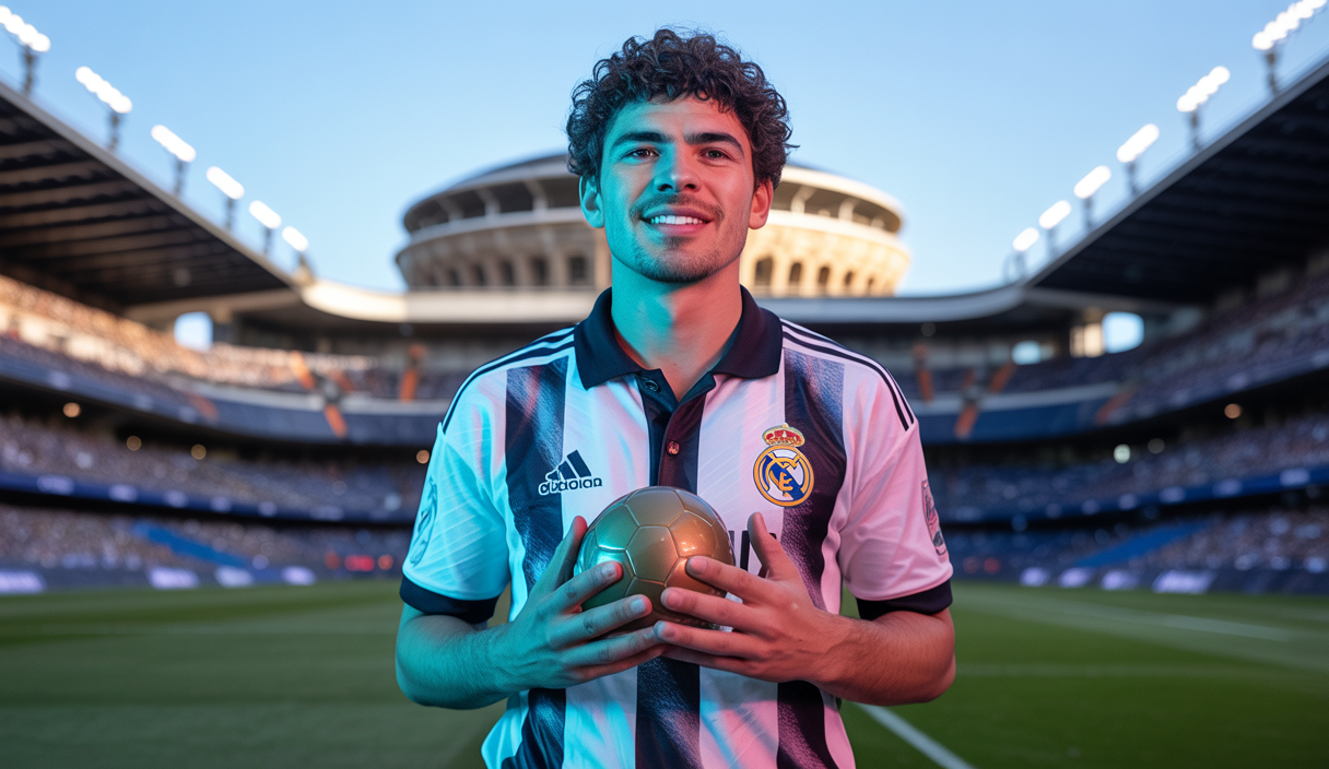 Franco Mastantuono, jeune talent argentin du Real Madrid, pose fièrement avec le maillot du club.