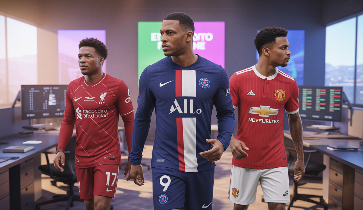 Montage dynamique illustrant les grandes négociations de transfert du mercato estival 2025 en football européen, avec les logos de Liverpool, PSG, et Manchester United et des images stylisées de joueurs en action