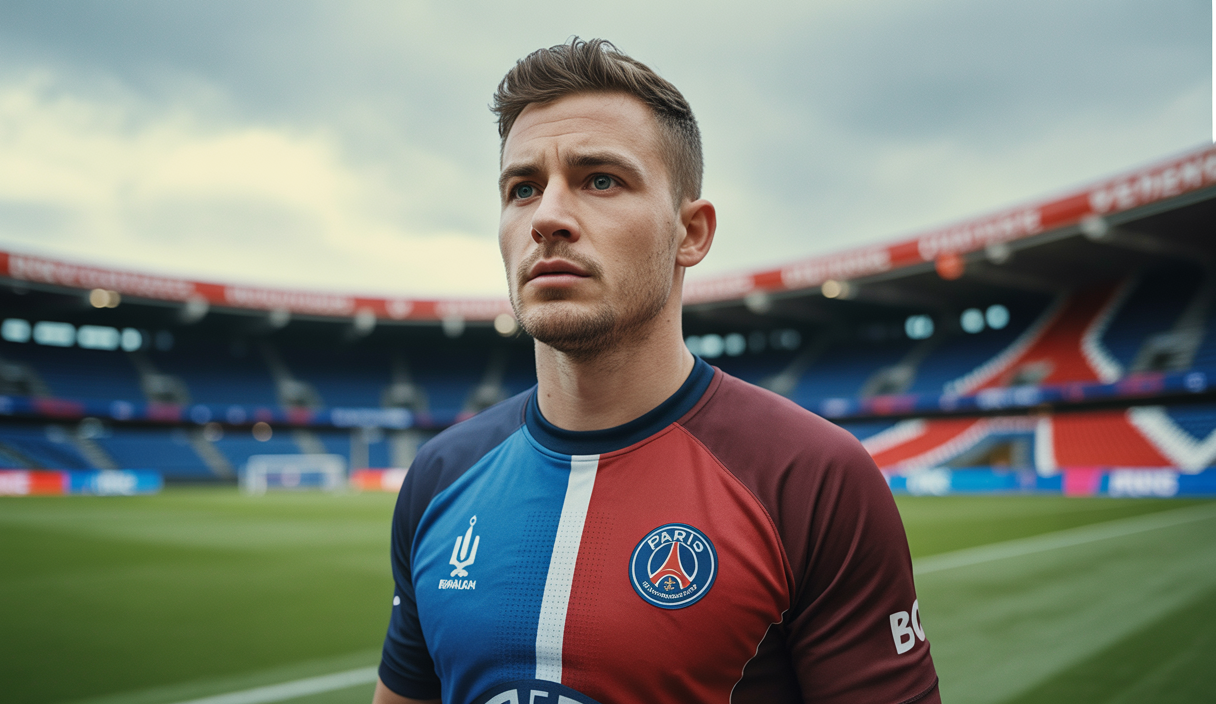 Portrait d'Ilya Zabarnyi, jeune défenseur ukrainien, en maillot de football, prêt à rejoindre le PSG pour renforcer la défense du club.