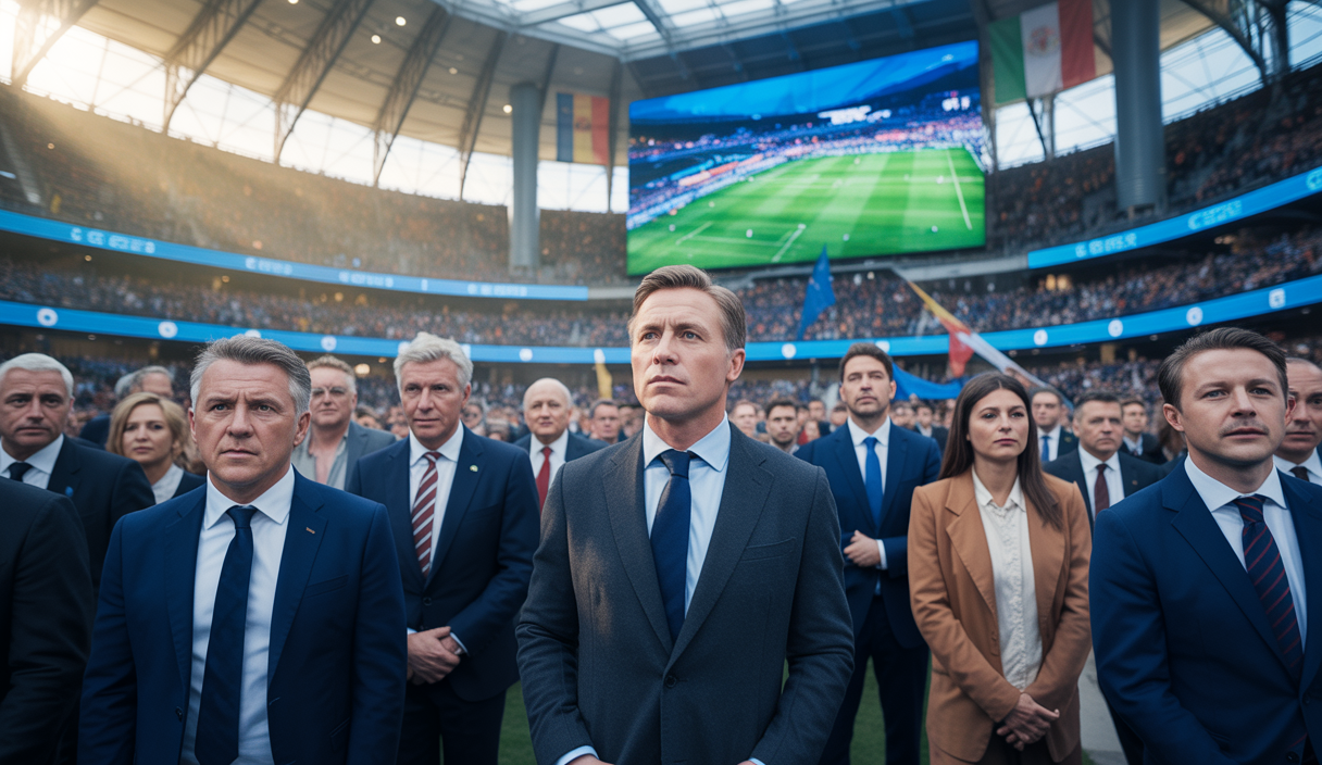 Vue dynamique d'un stade de football européen rempli lors d'une soirée d'investissements majeurs avec des clubs en pleine expansion économique en 2025