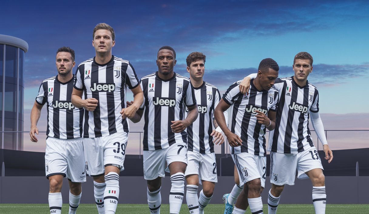 Joueurs de la Juventus en action avec nouveaux transferts, sous un ciel bleu lumineux dans un stade moderne, illustrant la stratégie de recrutement ambitieuse pour renforcer l'équipe en Serie A et en Europe