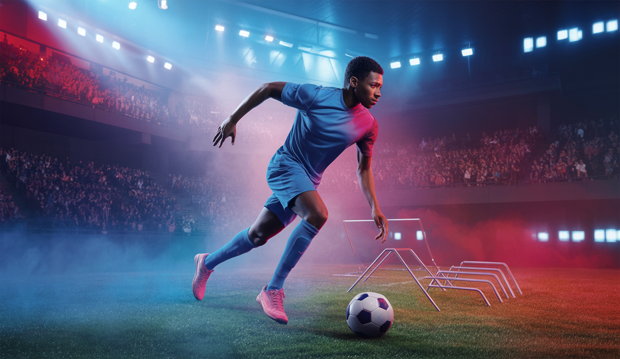 Kylian Mbappé en pleine action, symbolisant son excellence sportive.