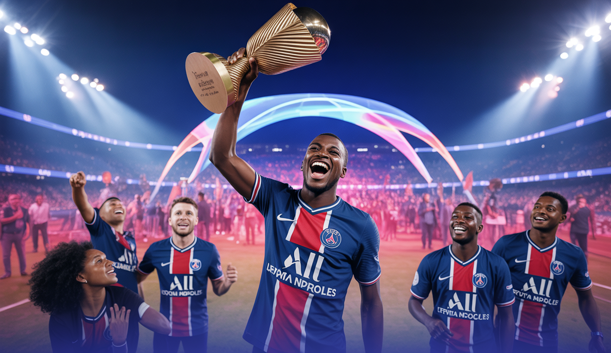 Kylian Mbappé célébrant la victoire du PSG avec une expression émotive