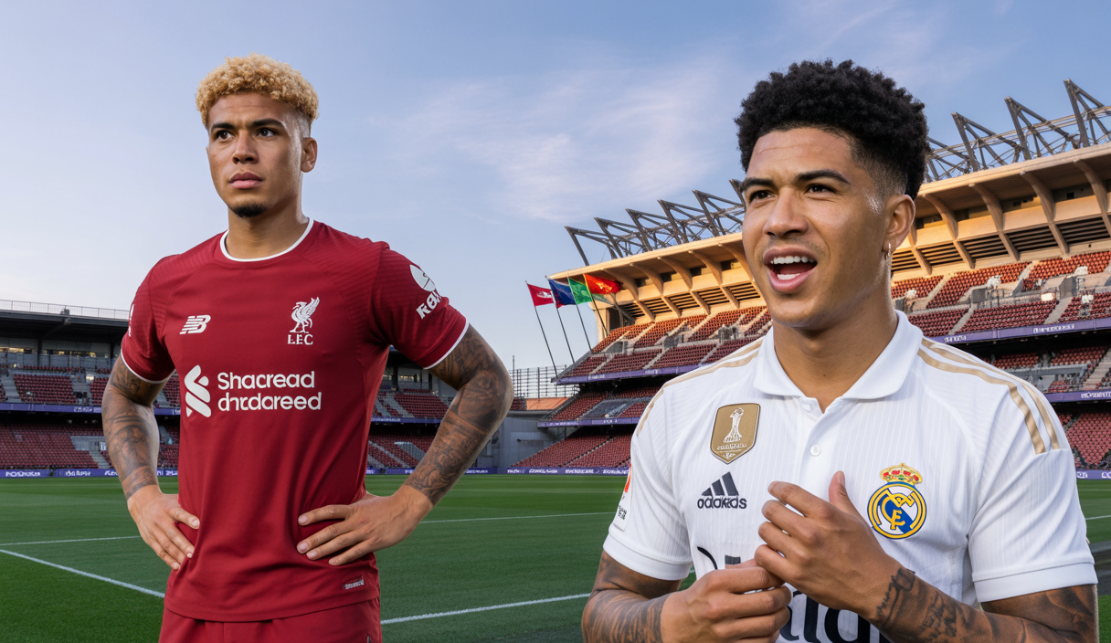 Portraits de Milos Kerkez en maillot de Liverpool et Woltemade en maillot du Real Madrid, symbolisant les nouvelles signatures ambitieuses des deux clubs en 2025.