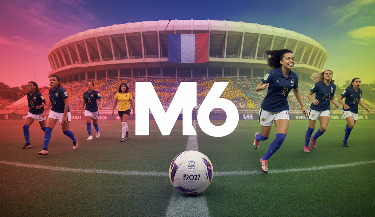 Logo du groupe M6 accompagné d'une image symbolisant la Coupe du Monde Féminine de football 2027 au Brésil