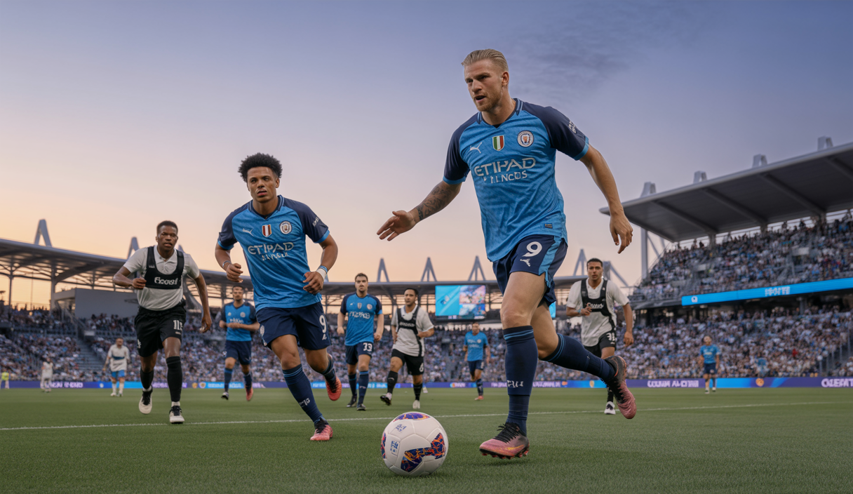 Photo d'action dynamique du match de football entre Manchester City et la Juventus lors de la Coupe du Monde des Clubs 2025 avec Erling Haaland en pleine course avec le ballon