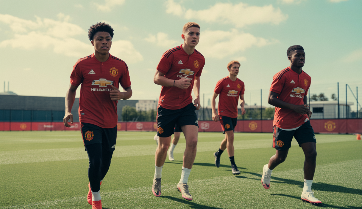 Jeunes talents de Manchester United en action sur le terrain, symbolisant leur développement via des prêts stratégiques