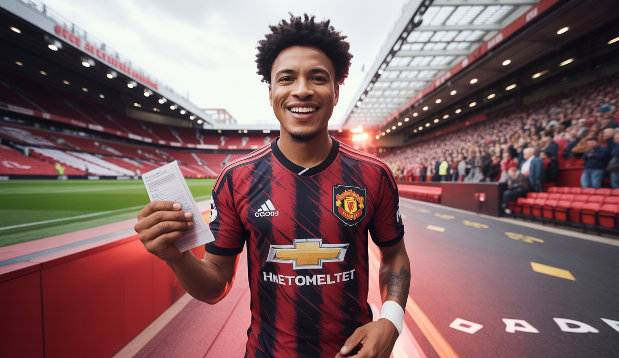 Marcus Rashford, footballeur anglais de Manchester United, pose avec un sourire confiant dans un décor évoquant Old Trafford, symbole de détermination et d'ambition sportive