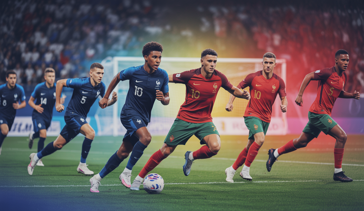 Illustration d'un match de football intense entre les jeunes équipes de France et du Portugal avec un score final nul.