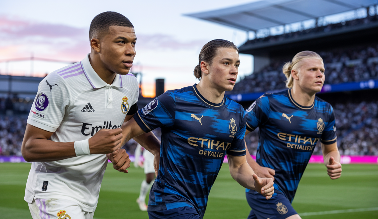 Portraits dynamiques de Kylian Mbappé, Jude Bellingham et Erling Haaland en action sur le terrain, illustrant leur domination actuelle dans le football mondial