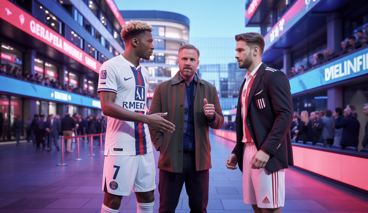Illustration dynamique représentant le mercato estival 2025 avec échanges internationaux entre grands clubs européens dans un décor footballistique vibrant