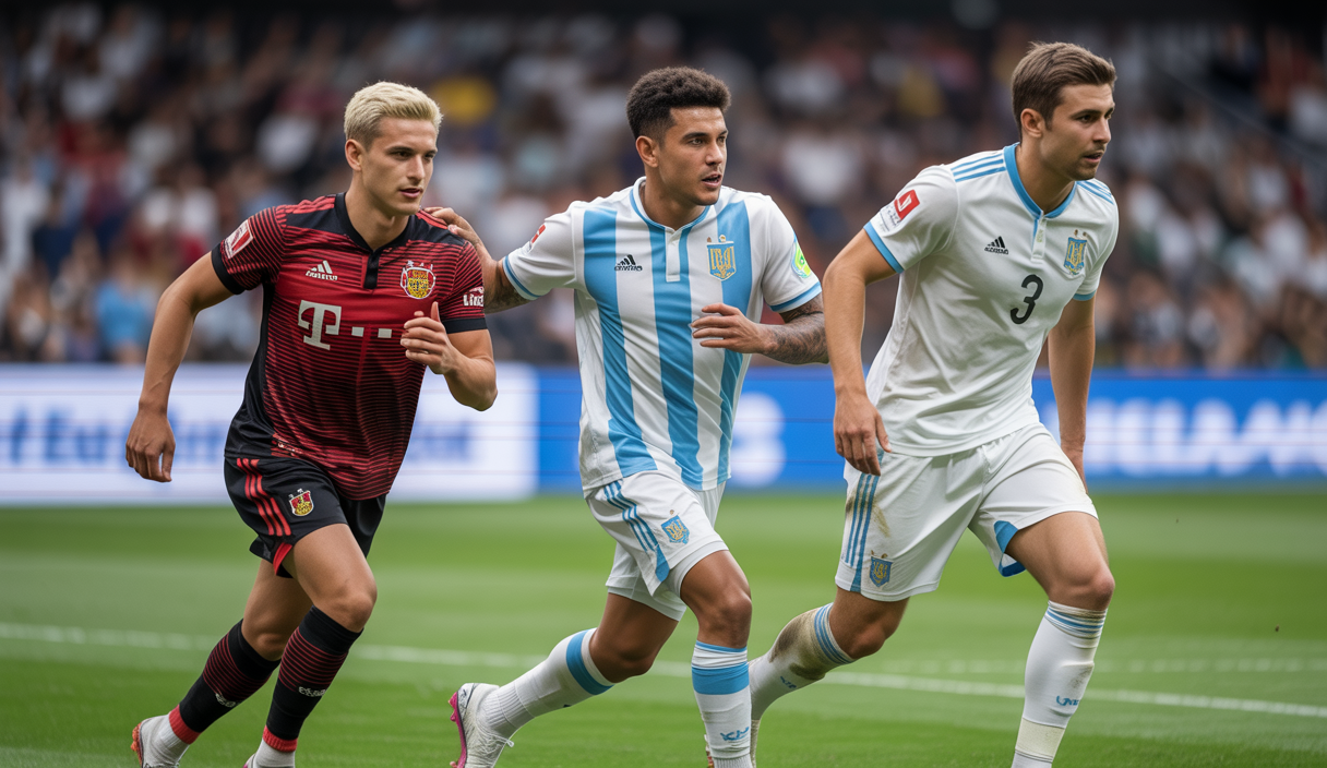 Portrait hyper détaillé de trois joueurs de football européens majeurs du mercato estival 2025, Wirtz, Paredes et Mudryk, en tenue de match dans un stade moderne vibrant d’énergie.