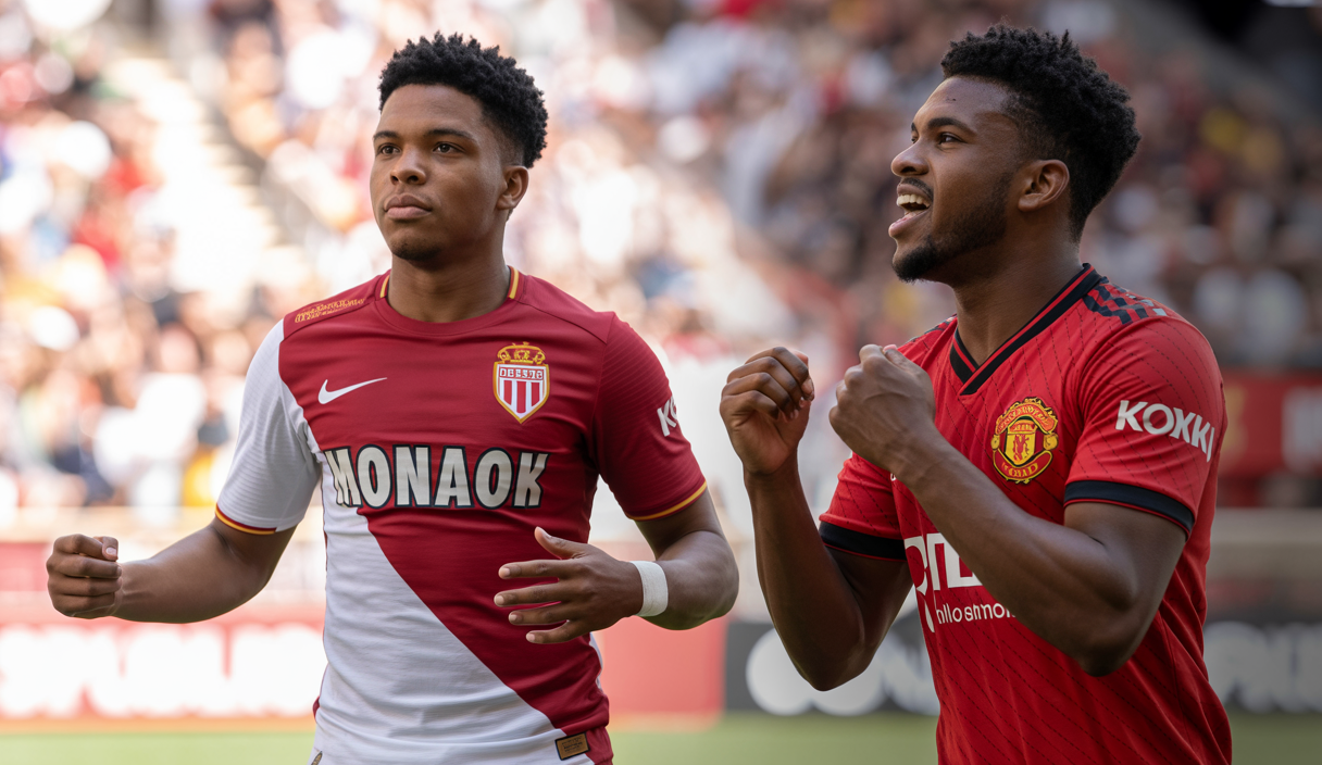 Ansu Fati en action avec le maillot de l'AS Monaco et Rodrygo célébrant un but avec Manchester United, symbolisant un mercato jeune et ambitieux.