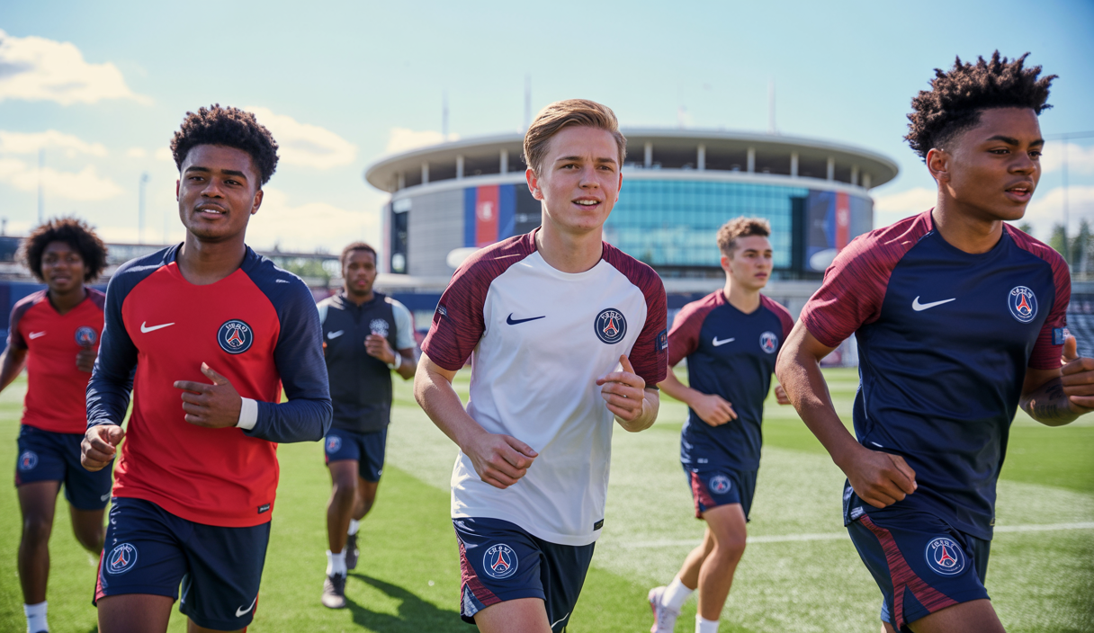 Illustration dynamique de jeunes joueurs de football rassemblés sur un terrain, symbolisant la nouvelle stratégie du Paris Saint-Germain axée sur les jeunes talents.
