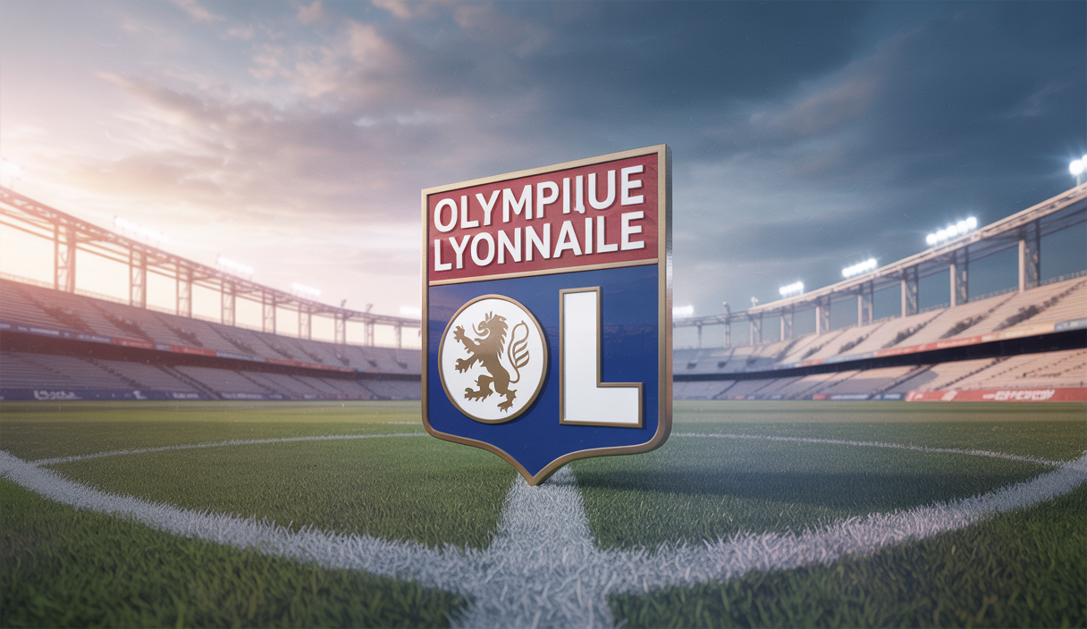 Logo de l'Olympique Lyonnais sur fond de terrain de football vide sous un ciel dramatique, symbolisant la lutte du club contre sa rétrogradation en Ligue 2.