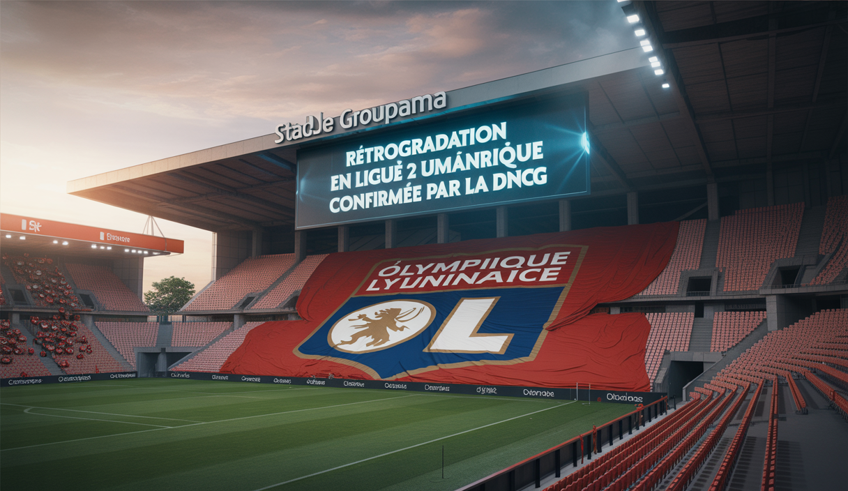 Stade vide de l'Olympique Lyonnais avec un panneau indiquant relégation en Ligue 2, ambiance dramatique et sombre