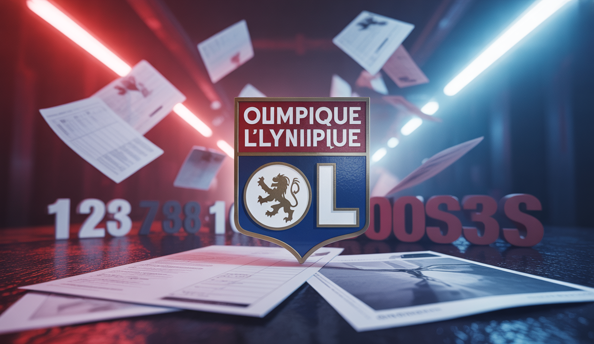Logo de l'Olympique Lyonnais avec un fond sombre symbolisant la rétrogradation financière en Ligue 2