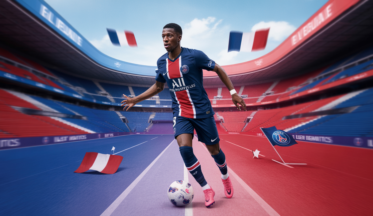 Ousmane Dembélé en action sur le terrain avec le PSG, illustrant son talent et sa résilience après un retour en Ligue des Champions.
