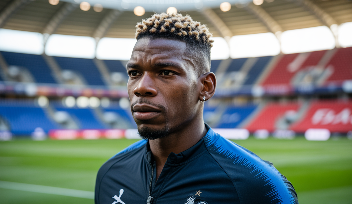Portrait de Paul Pogba en tenue d'entraînement, sérieux et concentré, en vue d'un retour en équipe de France pour la Coupe du Monde 2026