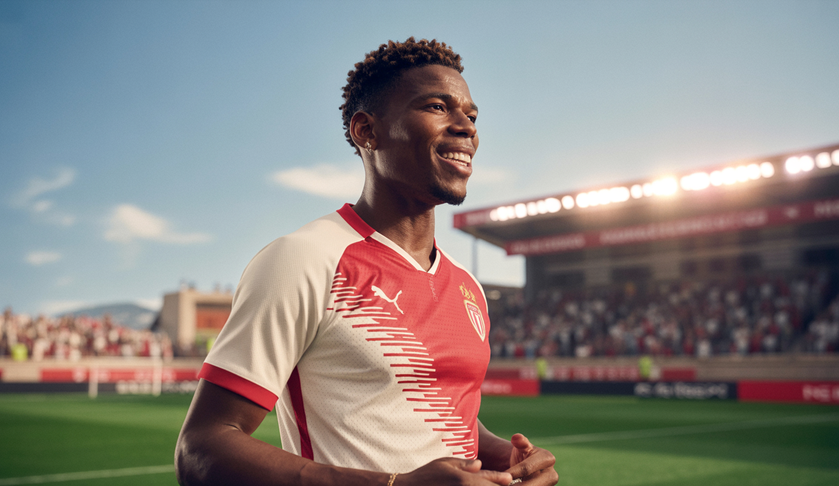 Paul Pogba in AS Monaco football jersey smiling confidently on a football pitch