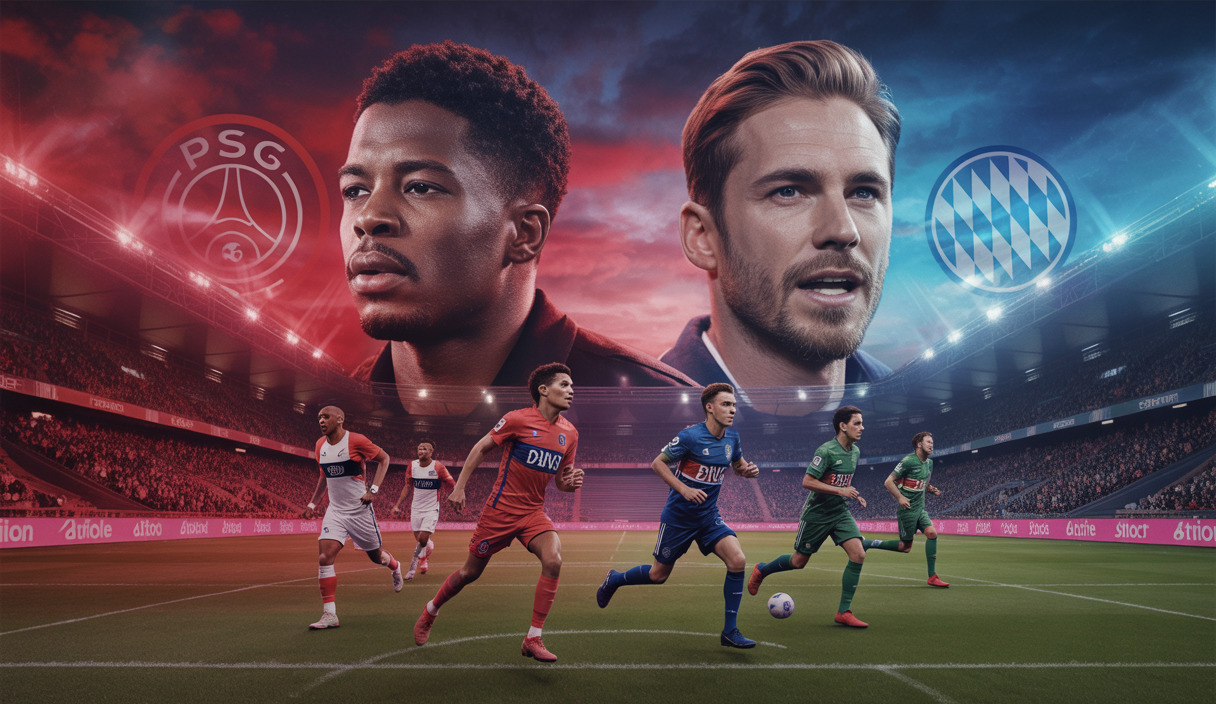Illustration dynamique des clubs de football PSG et Bayern Munich en compétition.