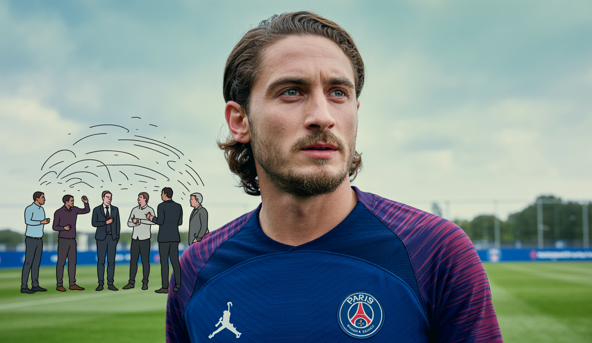 Joueur Adrien Rabiot en maillot de football lors d'un entraînement, ambiance tendue au centre d'entraînement du PSG avec des éléments stratégiques en arrière-plan