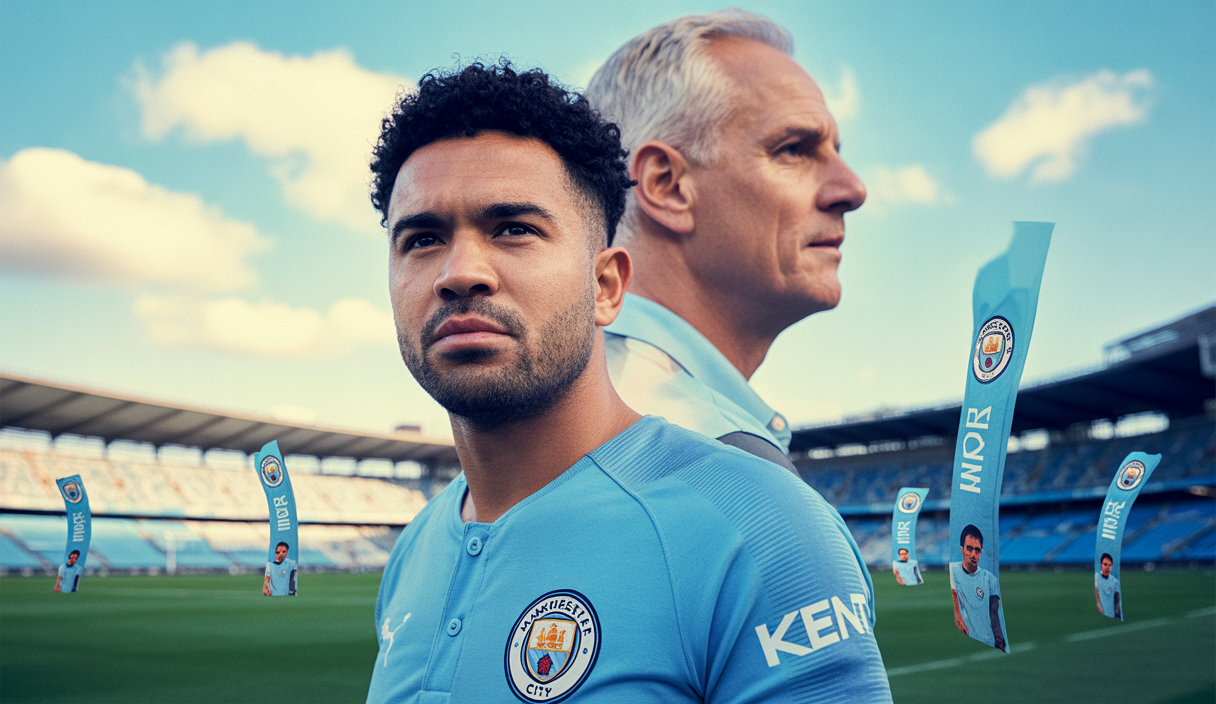 Rayan Cherki posant sous le maillot de Manchester City avec un air déterminé, intégré dans l'équipe avec Pep Guardiola.