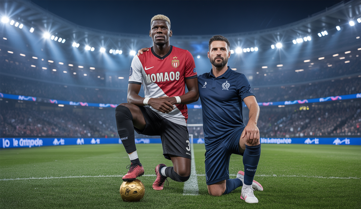 Paul Pogba et Olivier Giroud célébrant leur retour attendu en Ligue 1, vêtus des maillots officiels de leurs clubs respectifs, sur un fond de stade vibrant et illuminé sous un ciel nocturne.