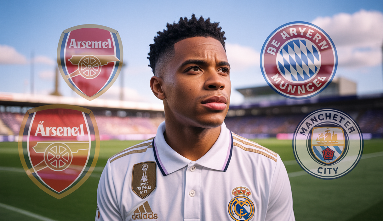 Rodrygo en tenue du Real Madrid sur un terrain de football, entouré de logos de clubs européens intéressés