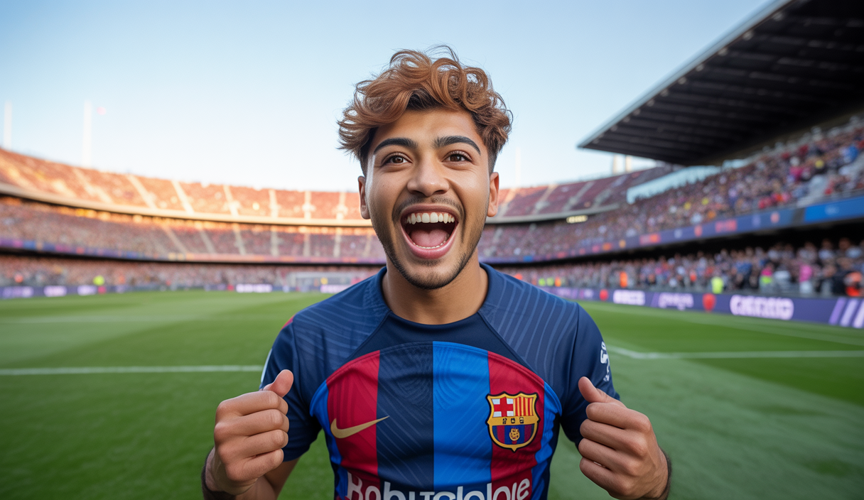 Portrait dynamique de Roony Bardghji, jeune ailier suédois de 19 ans, en tenue du FC Barcelone sur un terrain de football moderne, célébrant un but avec énergie
