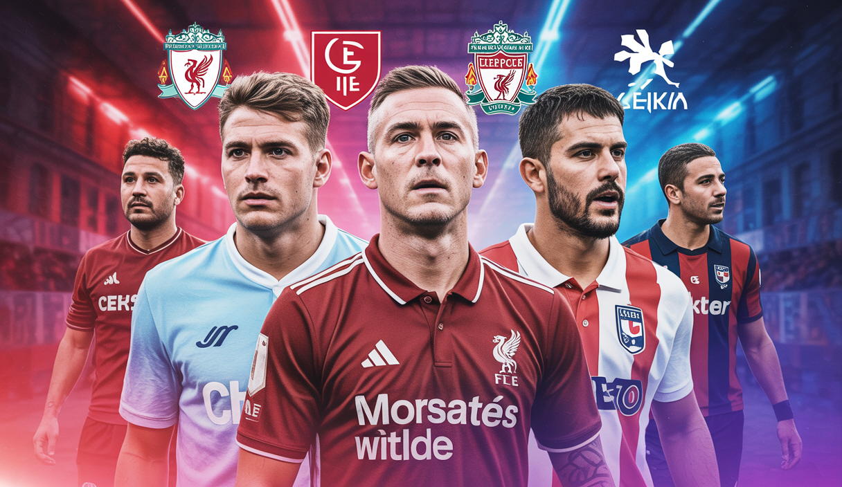 Illustration dynamique représentant les transferts majeurs du mercato football européen 2025 avec les joueurs Florian Wirtz, Milos Kerkez et un joueur nommé García, entourés des logos des clubs européens impliqués, sur un fond aux couleurs vibrantes rouge et bleu