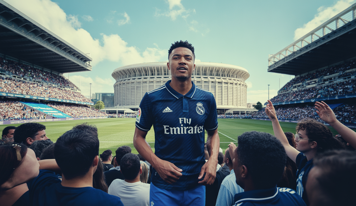 Trent Alexander-Arnold devant le stade Santiago Bernabéu, en tenue du Real Madrid, avec une ambiance électrique et festive.