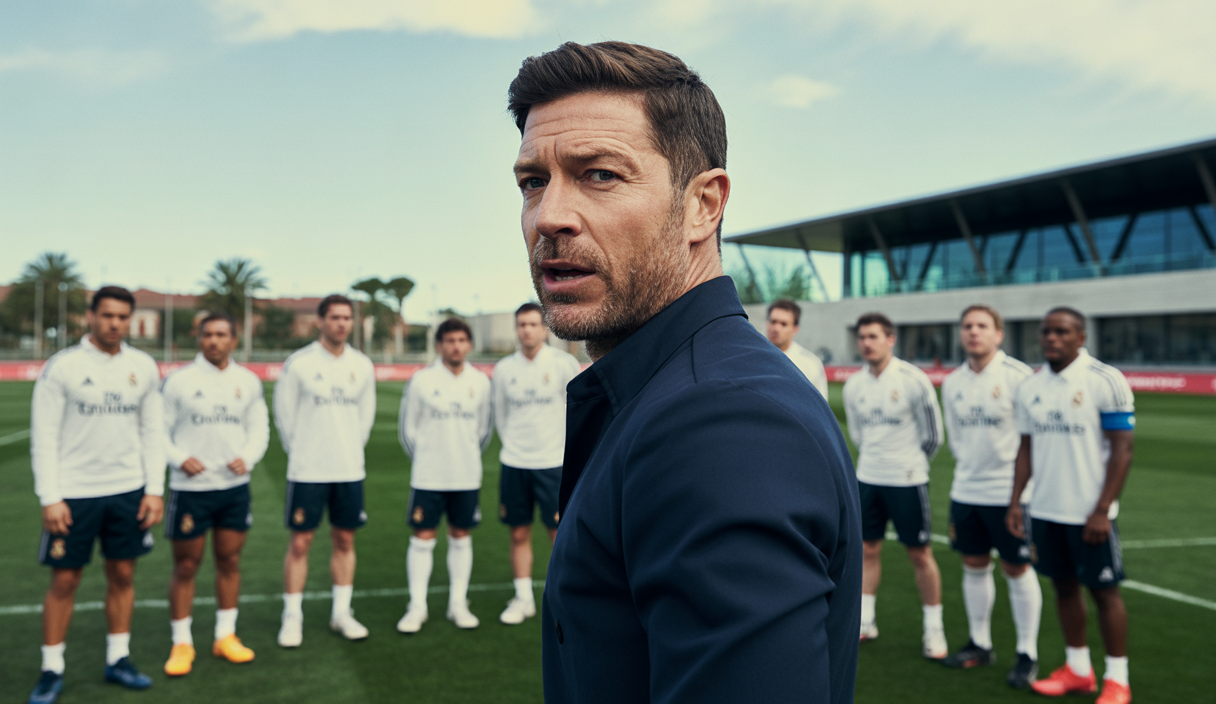 Portrait de Xabi Alonso dirigeant une séance d'entraînement tactique avec l'équipe du Real Madrid en 2025