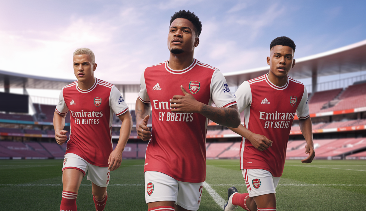 Portraits de Viktor Gyökeres, Noni Madueke et Cristhian Mosquera en tenue d'Arsenal avec un stade vibrant en arrière-plan