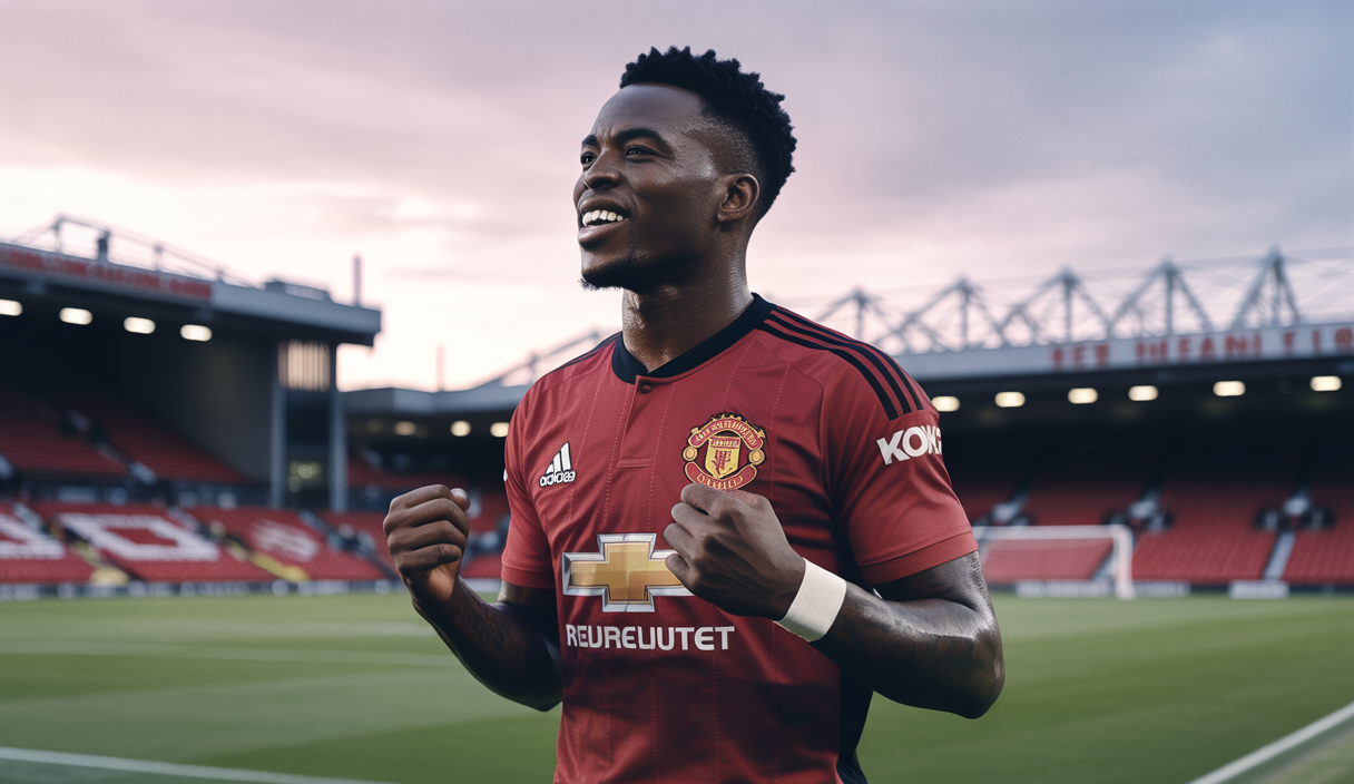 Bryan Mbeumo en tenue de Manchester United, célébrant son transfert avec le maillot rouge numéro 19, sur fond d'un stade plein lors d'un match de pré-saison.