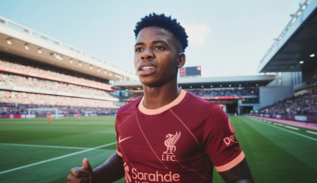 Photographie d'Endrick en action sur un terrain de football, avec le maillot rouge de Liverpool, visage concentré et expression déterminée, en arrière-plan un stade moderne rempli de spectateurs enthousiastes lors d'un match officiel