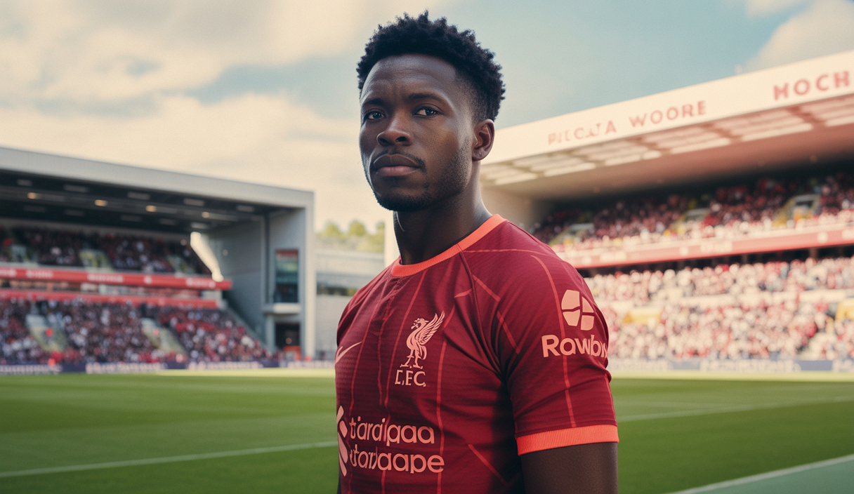 Portrait hyperréaliste d'Hugo Ekitike en tenue officielle de Liverpool, joueur français de 23 ans, sur fond rouge et blanc emblématique du club, dans un stade de football moderne avec foule floue en arrière-plan.