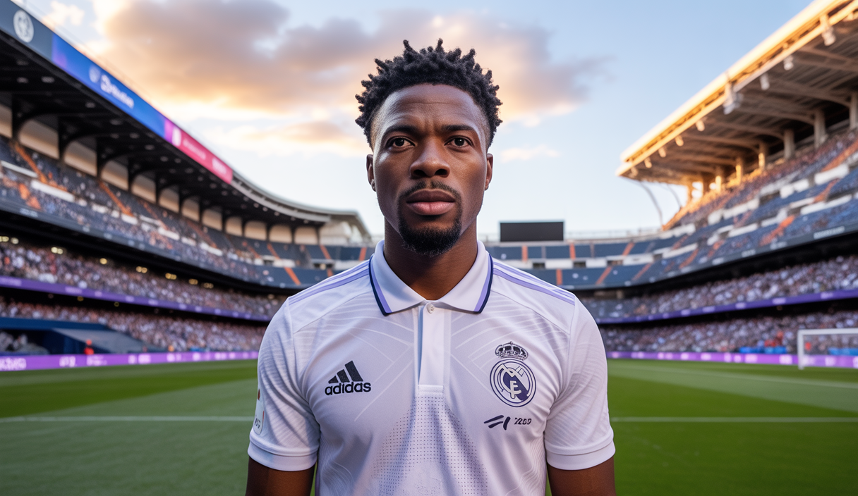 Ibrahima Konaté en maillot blanc du Real Madrid sur le terrain, prêt pour un tacle défensif, avec le stade Santiago Bernabéu en arrière-plan illuminé