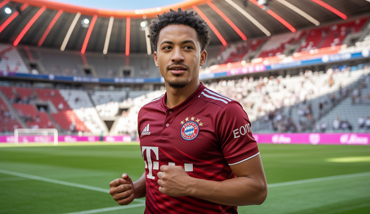 Portrait hyperréaliste de Jamal Musiala en maillot rouge du Bayern Munich célébrant son nouveau contrat jusqu'en 2030 avec le stade Allianz Arena en arrière-plan