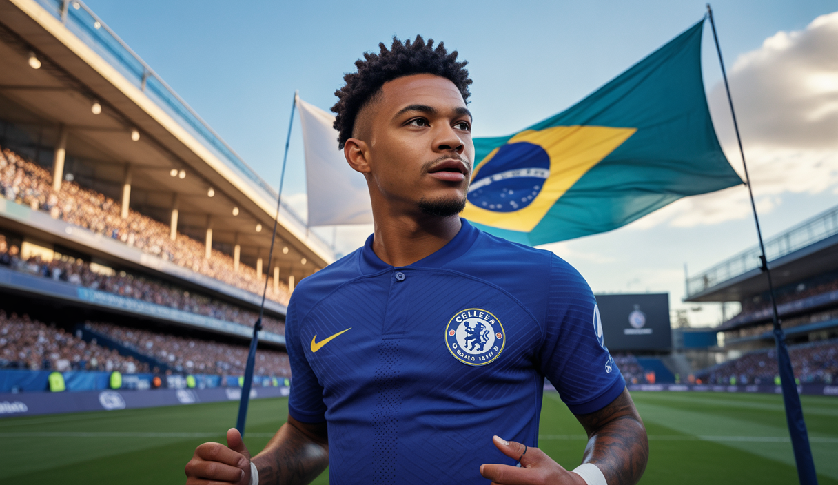 Joao Pedro en maillot bleu de Chelsea, célébrant son transfert avec un stade et un drapeau brésilien en arrière-plan