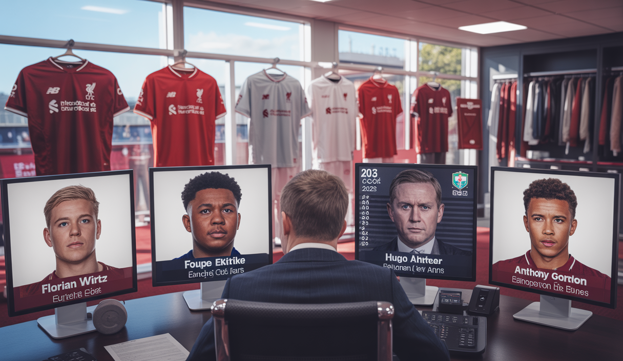 Logo du club de football Liverpool FC avec des images évoquant un mercato estival chargé et un budget de plus de 500 millions d'euros