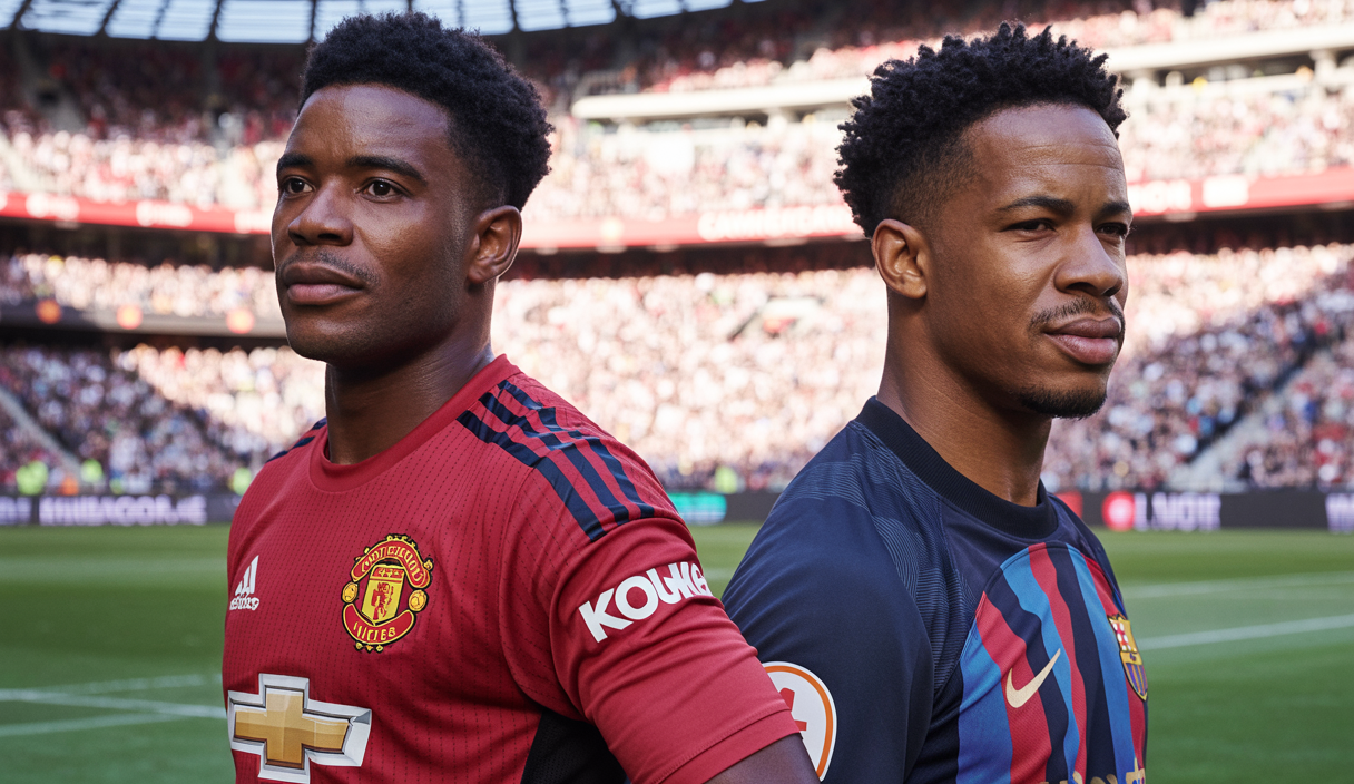 Bryan Mbeumo en maillot rouge et Marcus Rashford en maillot bleu de Barcelone, symbolisant les transferts au mercato d'été 2025