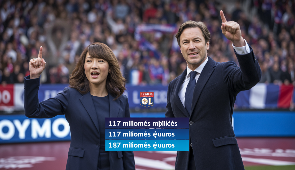 Le président Michele Kang et le dirigeant Michael Gerlinger célébrant le maintien de l'Olympique Lyonnais en Ligue 1 avec des drapeaux du club et un stade au fond