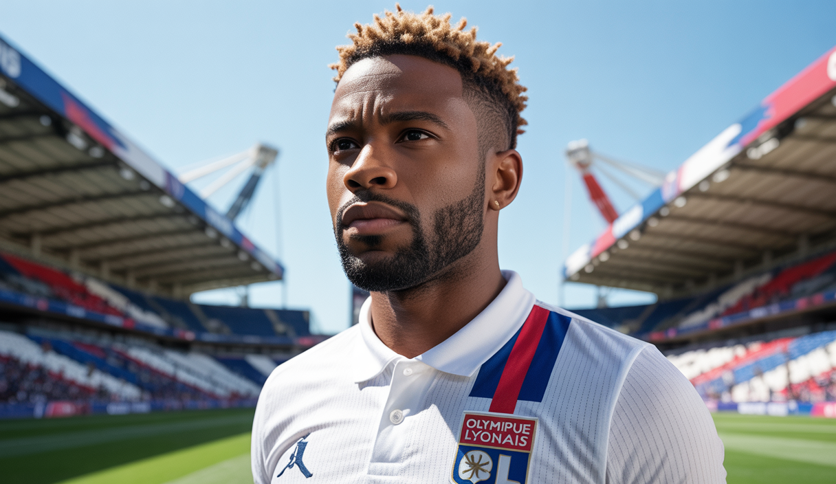 Thomas Lemar en tenue d'entraînement d'Olympique Lyonnais sur terrain de football, symbolisant son transfert important et son retour en Ligue 1 en 2025