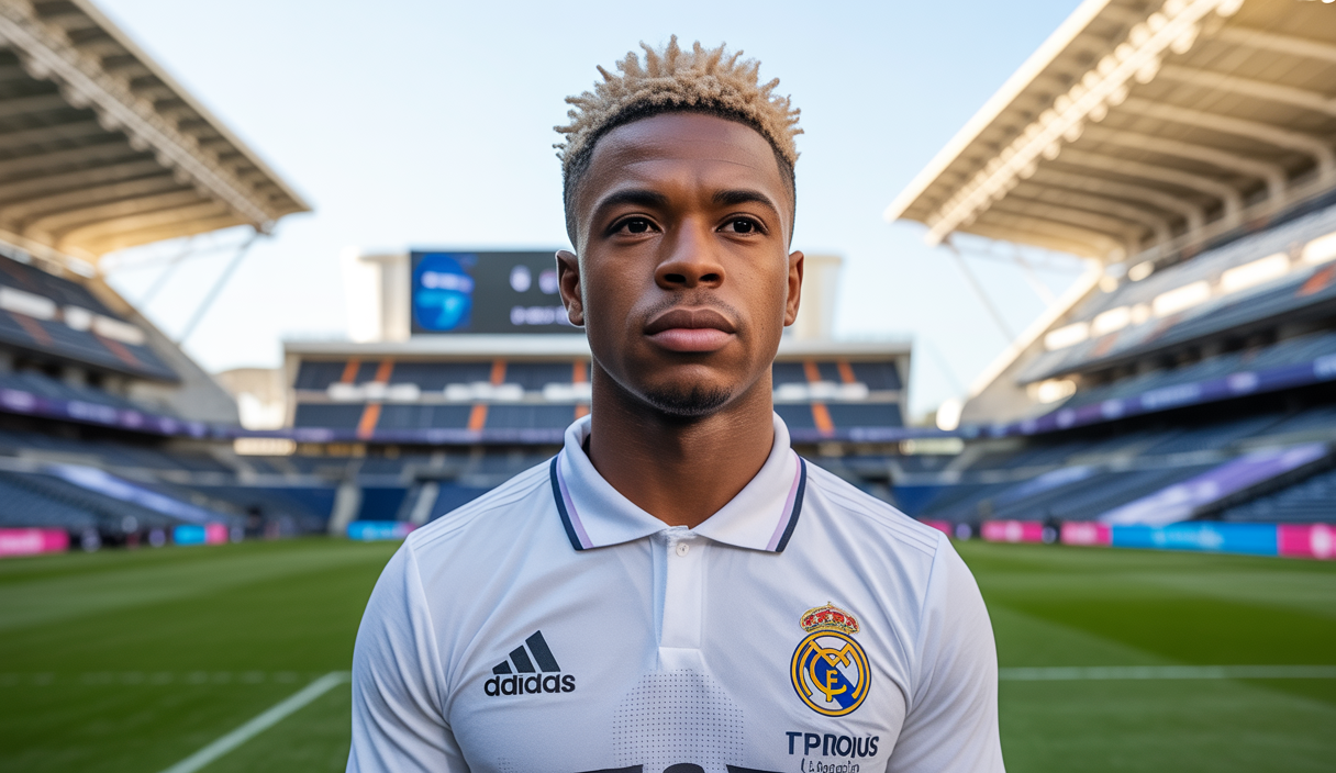 Vinicius Jr avec le maillot blanc du Real Madrid, expression sérieuse et déterminée, sur fond flou du stade Santiago Bernabéu, illustrant les tensions salariales et incertitudes contractuelles.