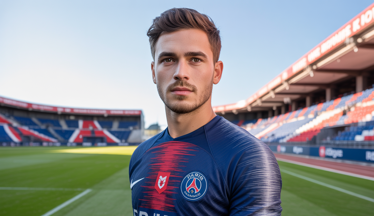 Portrait hyper-réaliste de Lucas Chevalier en tenue de gardien de but du Paris Saint-Germain, prêt pour un match de Ligue 1, avec un stade de football en arrière-plan sous un éclairage de coucher de soleil