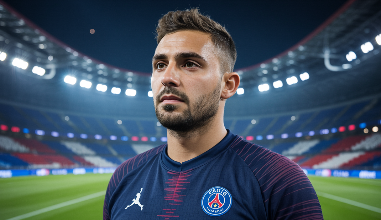 Portrait ultra-réaliste de Gianluigi Donnarumma en tenue de gardien de but, ambiance dramatique avec arrière-plan flou évoquant un stade de football moderne, et éléments symboliques illustrant un mercato intense autour de l'Olympique de Marseille avec tensions internes et intérêts du Real Madrid pour Adrien Rabiot.