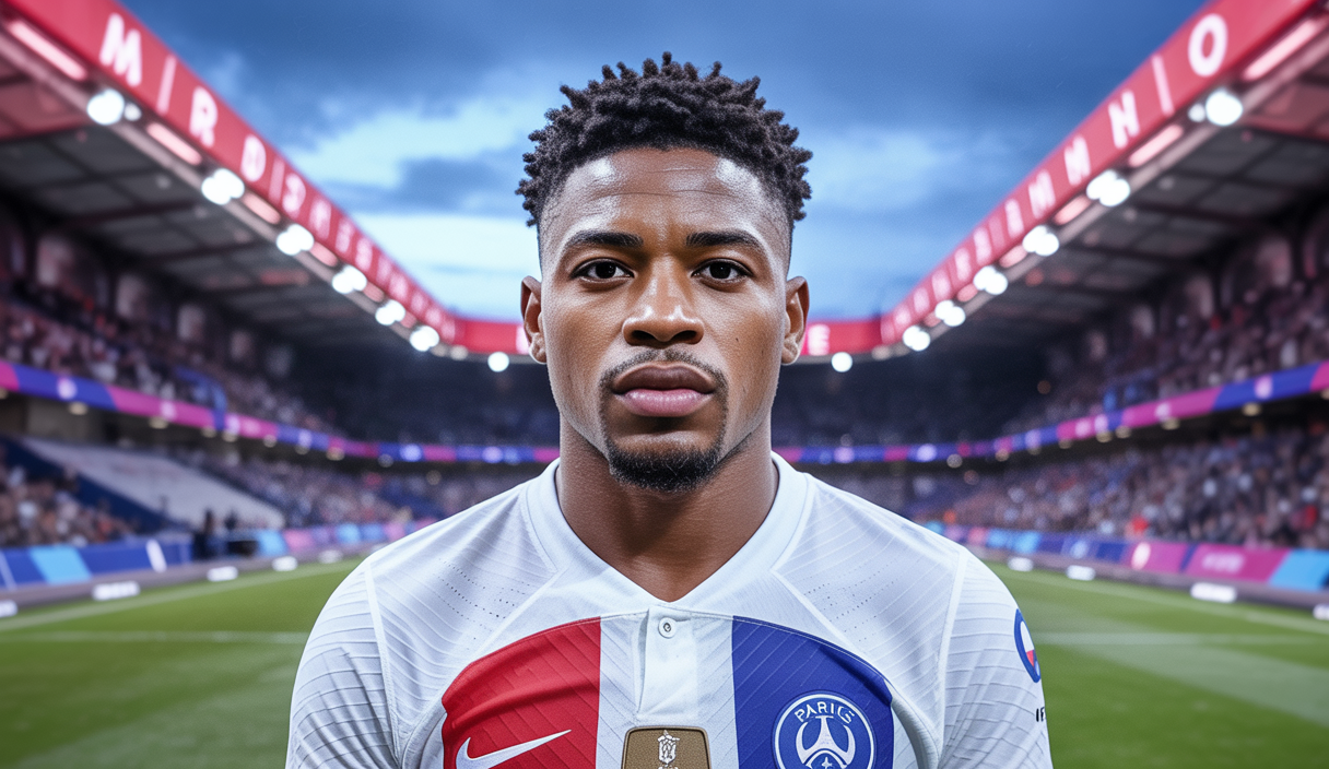 Portrait réaliste de Bradley Barcola, jeune attaquant du PSG avec maillot blanc et détails rouges, sur fond du Parc des Princes en soirée
